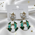 Green & White Geometric Drop Earrings