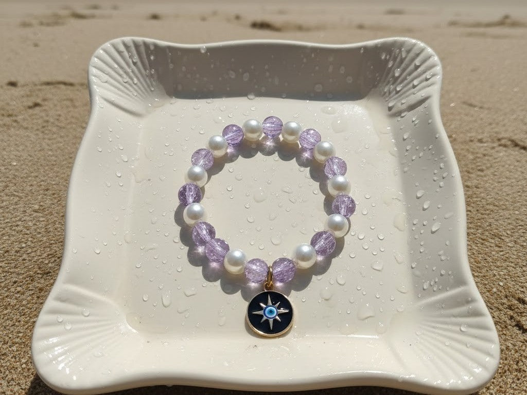 Purple Beads & Evil Eye Charm Bracelet